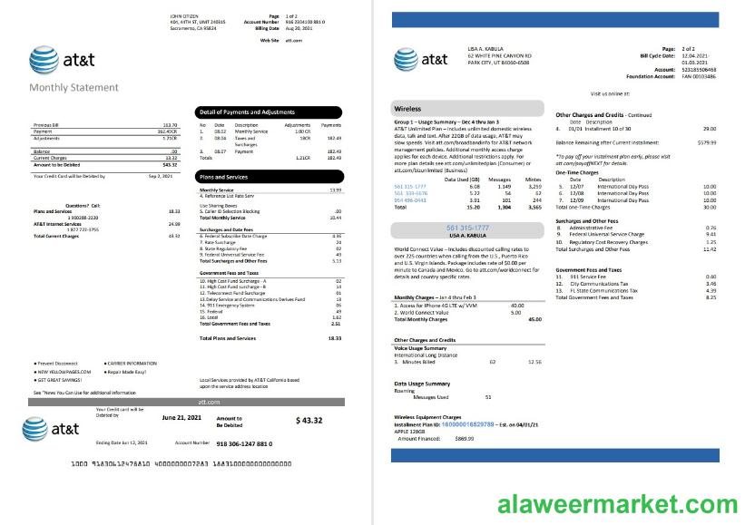 USA Texas AT&T telecommunications utility bill template in Word and PDF format (2 pages)